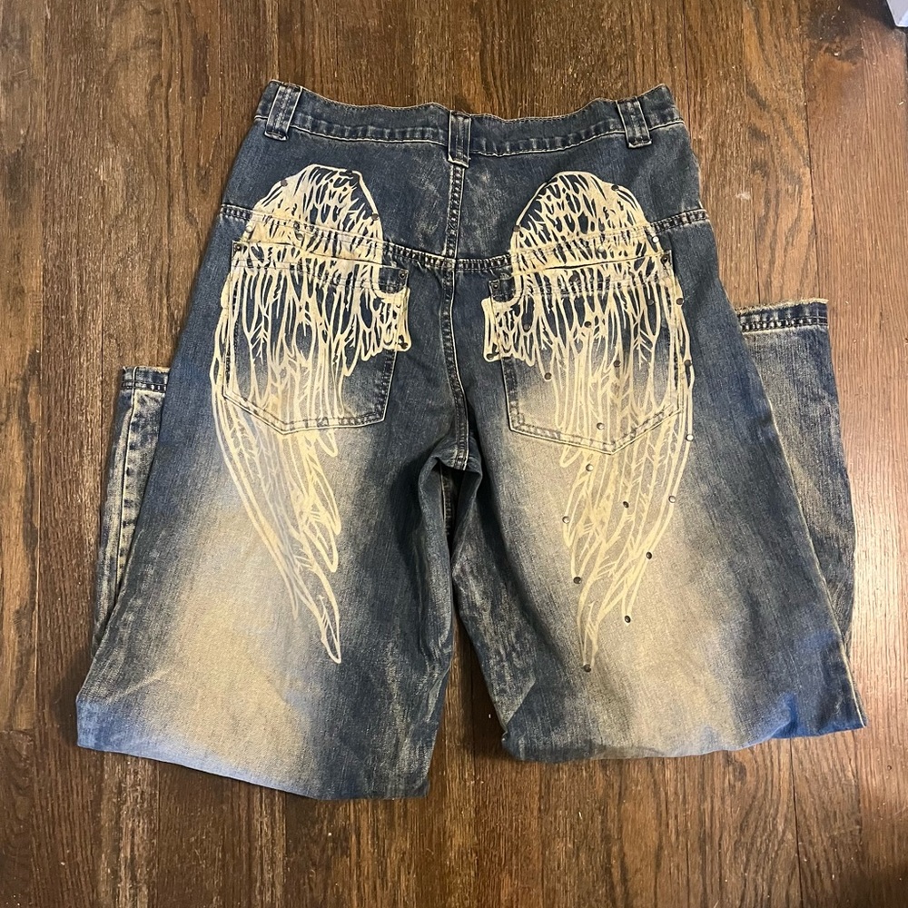 Jade Blue Relaxed Jeans with Wing Pattern